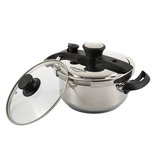 Olla a presión Easy Click 4L Universal en acero inxidable con tapa de vidrio